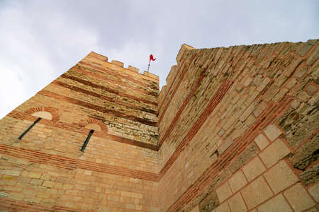 Tower of the old city walls of Istanbul. City walls of constantinople. Ruins of the castle.の写真素材