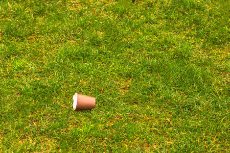 A paper cup on the grass field. pollution theme. environmental pollution background photo. dirty forest and fields.の写真素材