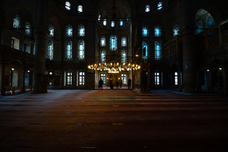 Istanbul Turkey - 4.27.2021: Interior of Eyup Sultan Mosque in Istanbul. Ramadan, oil lamp, iftar, laylat al-qadr (night of power), islamic new year, islamic architecture background photo.のeditorial素材