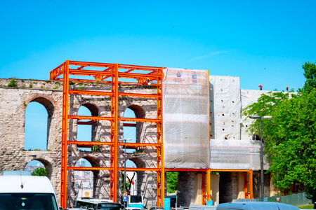 Istanbul Turkey - 5.24.2021: Restoration of Aqueduct of Valens in Istanbul.