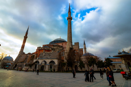 Istanbul Turkey - 3.3.2021: Tourists and Hagia Sophia. Tourists in Istanbul. Travel to Turkey.のeditorial素材