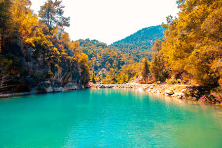 Emerald-colored lake in the forest in a canyon. Goynuk Canyon in Antalya Turkey. Landscape of the...