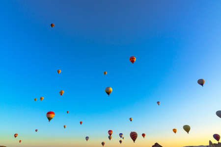 Hot air balloons on the sky in the morning. Magical view with hot air balloons. Cappadocia balloon...