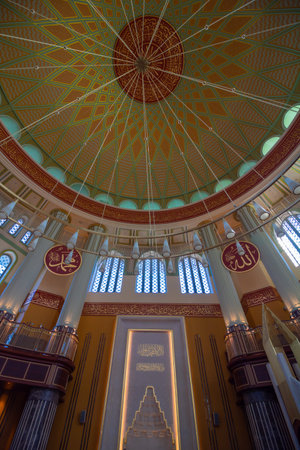 Istanbul Turkey - 9.6.22021: Interior of Taksim Mosque in Beyoglu Istanbul. Ramadan, iftar, islamic...
