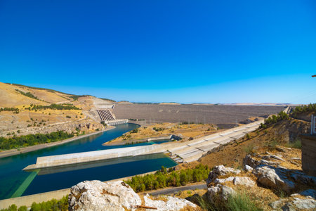 Sanliurfa Turkey - 8.16.2021: Ataturk Dam and Hydroelectric Power Plant on Euphrates River in Turkey.のeditorial素材
