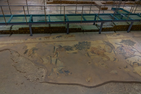 Sanliurfa Turkey - 8.16.2021: Mosaics in Haleplibahce Mosaic Museum in Sanliurfa. Ancient Roman and Greek mosaics. noise effect.のeditorial素材