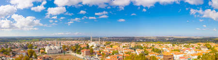 Edirne panorama. Panoramic view of cityscape of Edirne from minaret of Selimiye Mosque. Travel to Turkey background photo.の写真素材