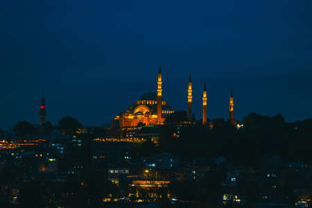 Istanbul background photo. Suleymaniye Mosque at night in Istanbul. Ramadan or kandil or iftar or...