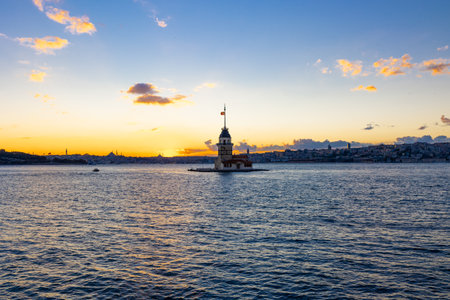 Maiden's Tower or Maiden's Tower at sunset. Istanbul background photo.の写真素材