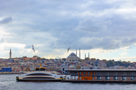 Istanbul. A ferry near the Karakoy Pier and Suleymaniye Mosque on background. Istanbul Turkey - 10.28.2021のeditorial素材