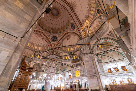 Ramadan background photo. Interior of Fatih Mosque in Istanbul. Ramadan or kandil or laylat al-qadr or the night of power or islamic background photo. Istanbul Turkey - 3.2.2022のeditorial素材