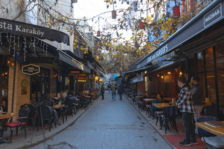 Karakoy street. Cafes and restaurants in Karakoy district of Istanbul. Travel to Istanbul background photo. Istanbul Turkey - 1.14.2022のeditorial素材