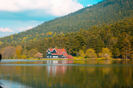 Bolu Golcuk Lake and famouse house view with reflections. Travel to Turkey background photo. Bolu Turkey or Turkey - 5.15.2022のeditorial素材