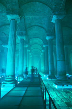 The Basilica Cistern with turquoise light ambient. Landmarks of Istanbul vertical story background...
