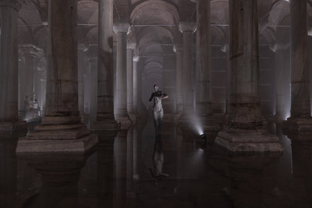 The Basilica Cistern in monochrome view. Yerebatan Sarnici in Turkish. Noise and grain included. Selective focus. Istanbul Turkey - 8.3.2022のeditorial素材