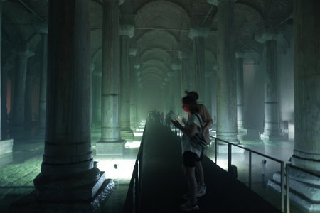 Tourists visiting the Basilica Cistern. Travel to Istanbul. Noise and grain included. Selective focus. Istanbul Turkey - 8.3.2022のeditorial素材