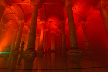 Interior of Basilica Cistern with red ambient light in low angle view. Noise and grain included. Selective focus. Istanbul Turkey - 8.3.2022のeditorial素材