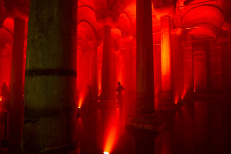 Landmarks of Istanbul background photo. Basilica Cistern with red ambient light. Selective focus....
