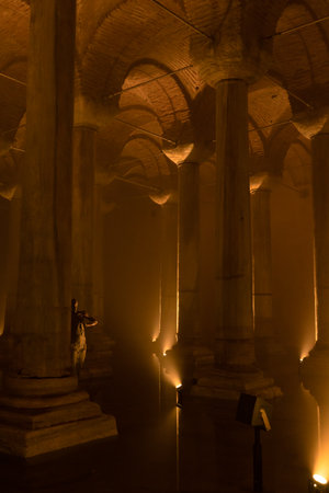 Basilica Cistern or Yerebatan Sarnici vertical background photo. Landmarks of Istanbul. Noise included. Selective focus. Istanbul Turkey - 8.3.2022のeditorial素材