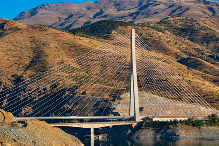 Komurhan Bridge in Malatya Turkey. Turkish construction industry. Development of Eastern Anatolia of Turkey. Cable stayed bridge.の写真素材