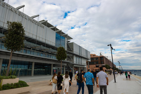 Istanbul Modern and people in Galataport. Travel to Istanbul background photo. Istanbul Turkiye -...