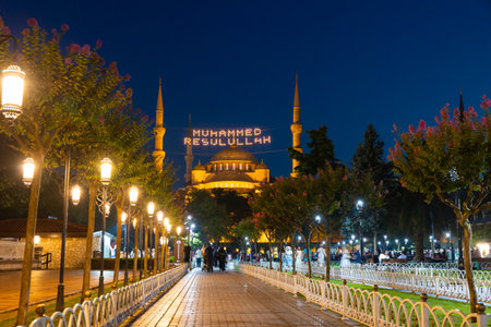 Sultanahmet or Blue Mosque. Islamic background photo. Travel to Istanbul. Mohammad the messenger of God text between the minarets. Istanbul Turkey - 8.12.2022のeditorial素材