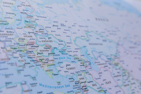 Balkans and Eastern Europe map in focus. Political and diplomacy concept photo. Middle East or...