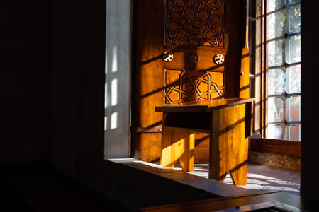 Islamic photo. A wooden lectern or rahle in the mosque. Ramadan or islamic or kandil or laylat al-qadr concept photo.の写真素材