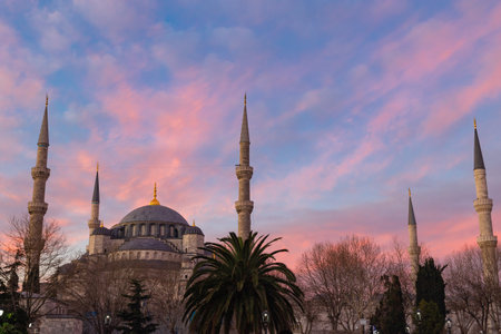 Blue Mosque or Sultanahmet Mosque at sunrise with pink and orange clouds. Ramadan or islamic background photo. Kadir Gecesi or Laylat al-qadr concept photo.の写真素材