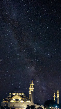 Suleymaniye Mosque and milkyway. Ramadan concept vertical photo. Islamic or kadir gecesi or laylat al-qadr concept vertical story photo. Noise included.の写真素材