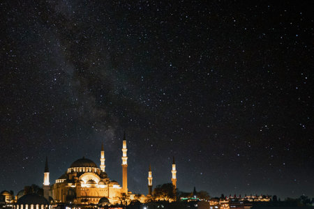 Suleymaniye Mosque and milkyway. Islamic or ramadan concept photo. Noise included.の写真素材
