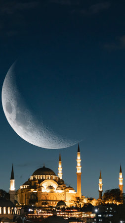 Islamic vertical photo. Suleymaniye Mosque with crescent moon. Ramadan or laylat al-qadr or kadir...