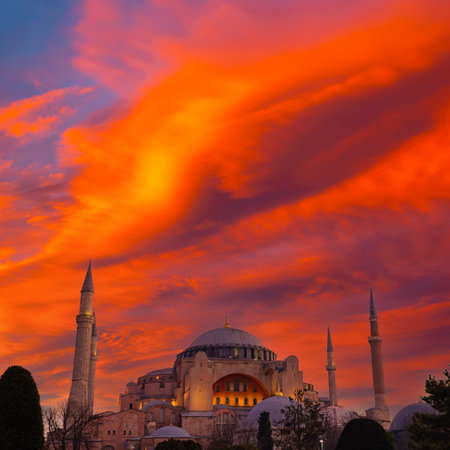 Hagia Sophia and dramatic sky at sunset. Ramadan or islamic or laylat al-qadr or kadir gecesi...