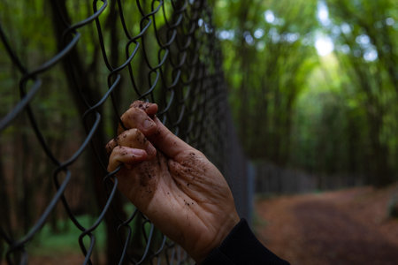 Woman Clenched a wired fence with her dusty hands in the forest. Refugees or escape from a civil war...