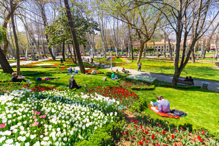 People in the Gulhane Park in springtime. Public parks in Istanbul. Istanbul Turkiye - 4.14.2023のeditorial素材