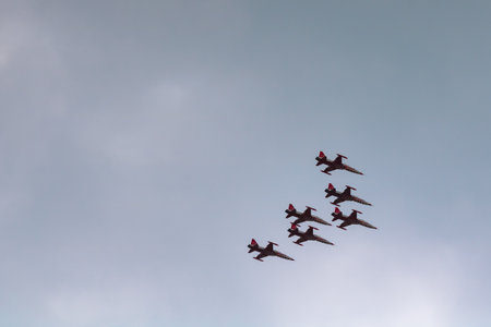 Turkish Stars or Turk Yildizlari aerobatic demonstration team in Teknofest 2023. Istanbul Turkiye - 5.1.2023のeditorial素材
