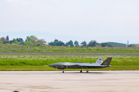 Bayraktar Kizilelma on the runway. UCAV of Turkish military industry. Istanbul Turkiye - 5.1.2023のeditorial素材