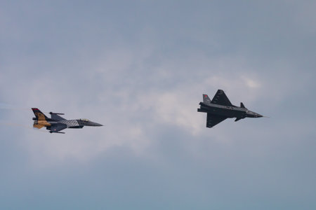 Soloturk and Bayraktar Kizilelma on the sky. Turkish Airforce, before and after. Istanbul Turkiye -...