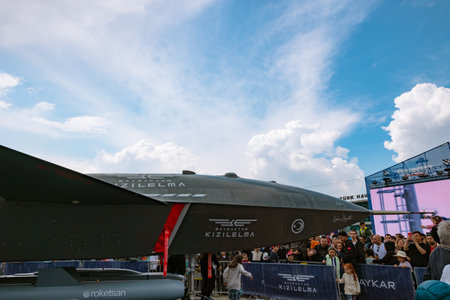 Bayraktar KIZILELMA UCAV and spactators in Teknofest 2023. Istanbul Turkiye - 5.1.2023のeditorial素材