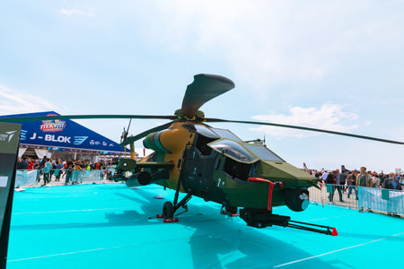 T129 Atak heavy combat helicopter and people in Teknofest 2023. Istanbul Turkiye - 5.1.2023のeditorial素材