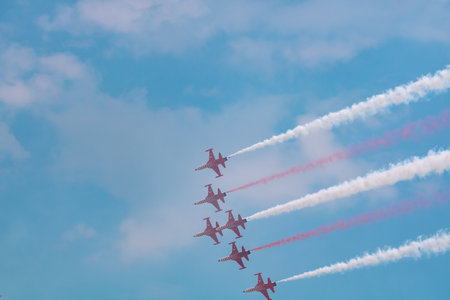 Turk Yildizlari aka Turkish Stars on the sky in Teknofest 2023. Istanbul Turkiye - 5.1.2023のeditorial素材