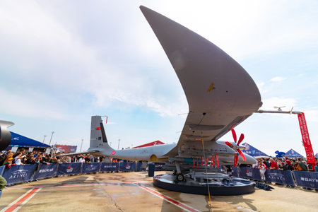Bayraktar Akinci Unmanned combat aerial vehicle made by Baykar in Teknofest 2023. Istanbul Turkiye - 5.1.2023のeditorial素材
