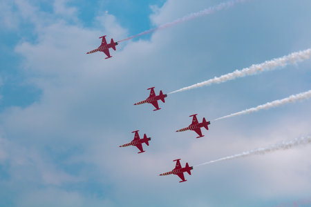 Turkish Stars aka Turk Yildizlari aerobatic display team on the sky. Istanbul Turkiye - 5.1.2023のeditorial素材
