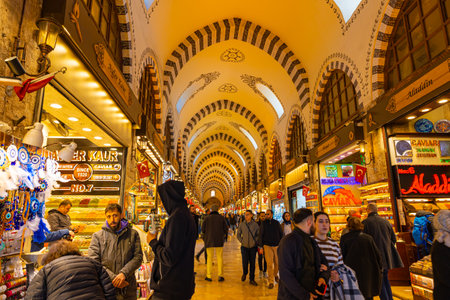 Istanbul bazaars. Misir Carsisi or Egyptian Bazaar or Spice Bazaar view from inside. Istanbul Turkiye - 3.30.2023のeditorial素材