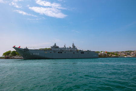 TCG Anadolu or L-400 amphibious assault ship in Istanbul. Defense industry of Turkiye. Istanbul Turkiye - 5.24.2023のeditorial素材