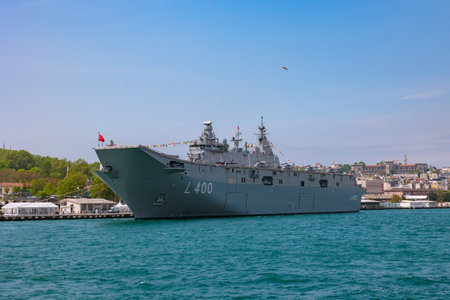 TCG Anadolu amphibious assault ship near the Sirkeci harbor. Istanbul Turkiye - 5.24.2023のeditorial素材