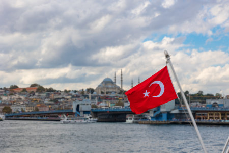 Turkish Flag and Istanbul on the background. National holidays of Turkiye concept photo.の写真素材