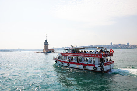 Boat carrying the tourists to the Kiz Kulesi or Maiden's Tower. Istanbul Turkiye - 7.11.2023のeditorial素材