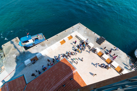 Tourits waiting a boat in Maiden's Tower or Kiz Kulesi island. Visit istanbul concept photo. Istanbul Turkiye - 7.11.2023のeditorial素材