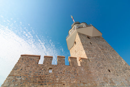 Kiz Kulesi or Maiden's Tower close up wide angle view. Landmarks of Istanbul background photo.の写真素材